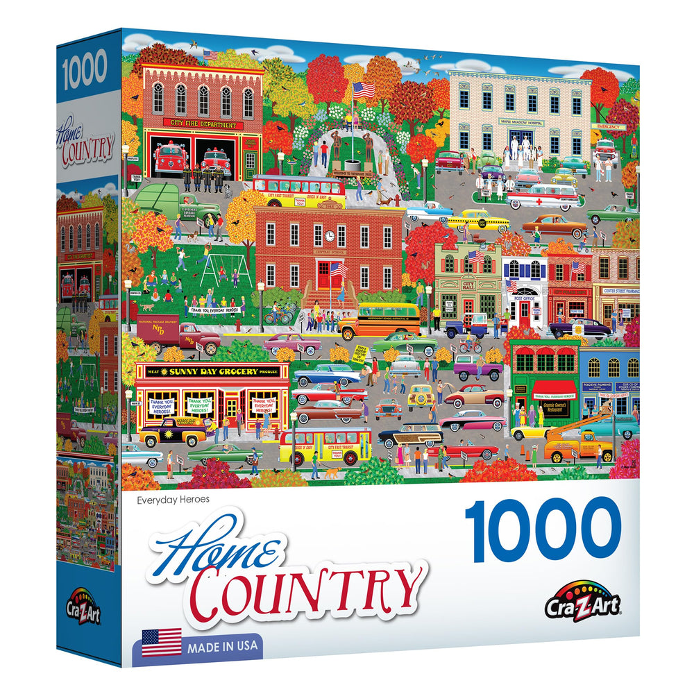 RoseArt Home Country Everyday Heroes puzzle assembly shows Americana detail for focused play