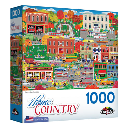 RoseArt Home Country Everyday Heroes puzzle assembly shows Americana detail for focused play