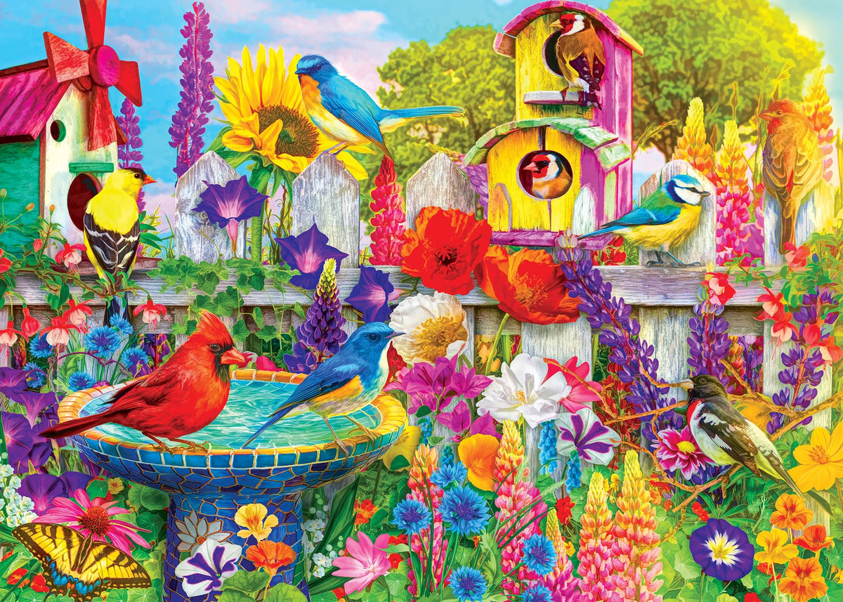 RoseArt Kodak Premium Bird Bath Garden puzzle closeup with vivid colors for immersive puzzling