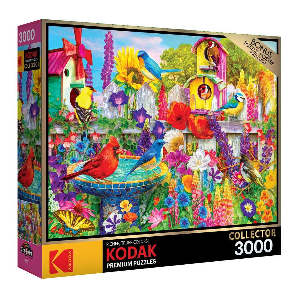 RoseArt Kodak Premium Bird Bath Garden puzzle scene with songbirds, ideal for family puzzle nights