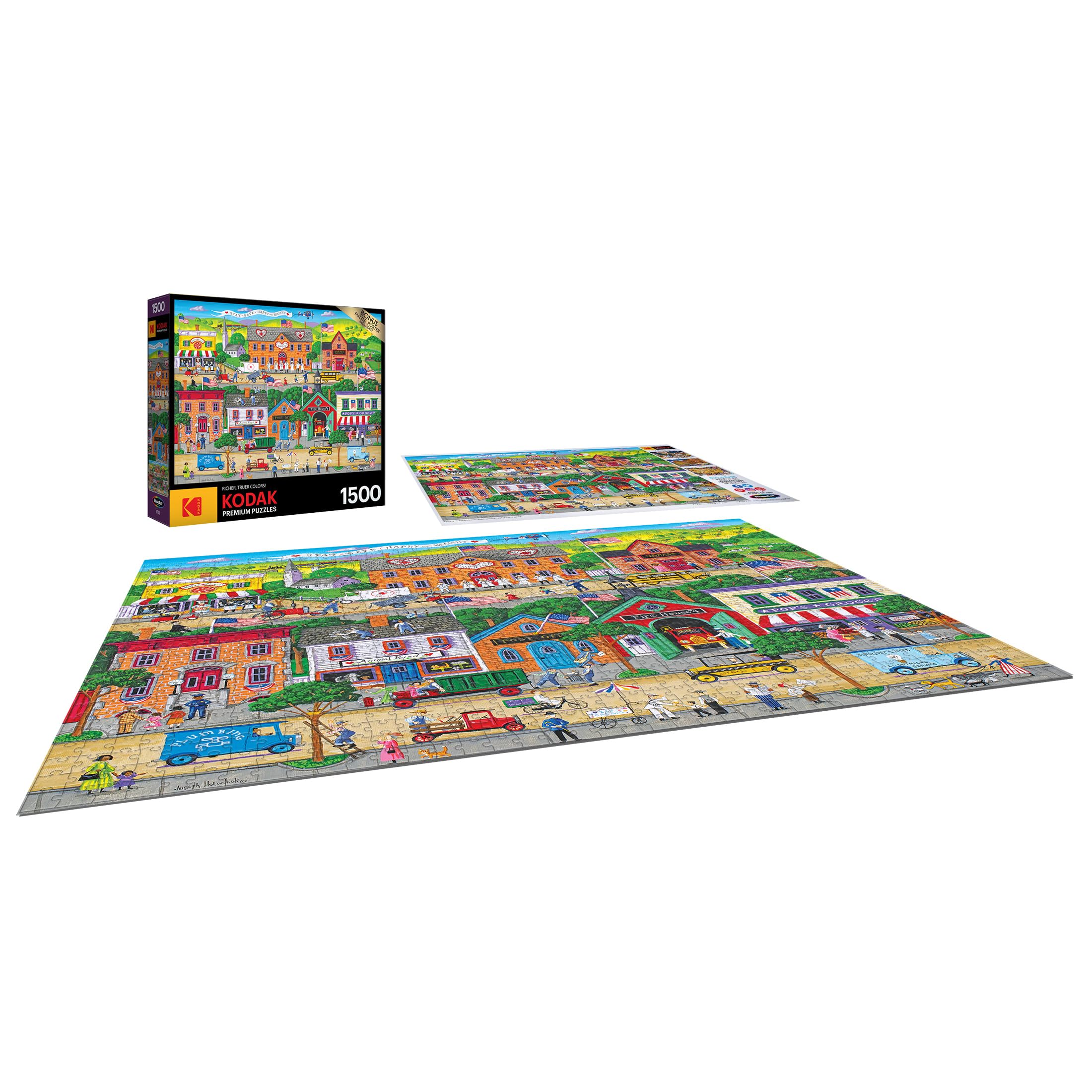 RoseArt Kodak Premium Hometown Heroes puzzle on the table invites family bonding.