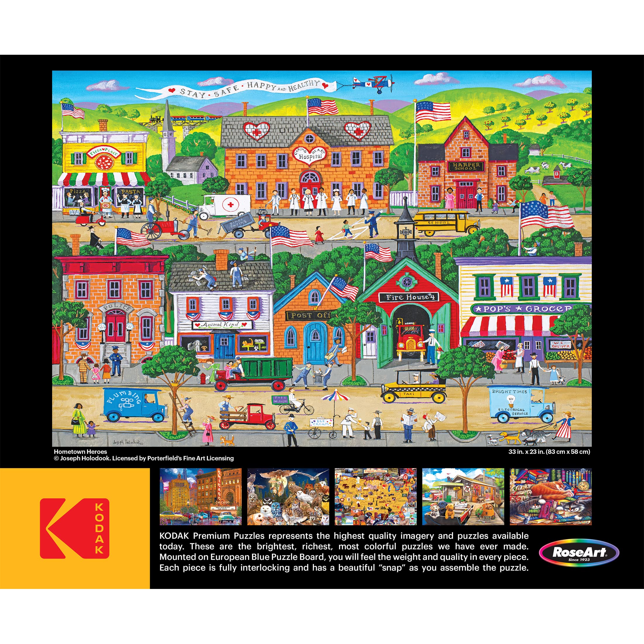 RoseArt Kodak Premium Hometown Heroes puzzle color-rich cityscape brightens any room.