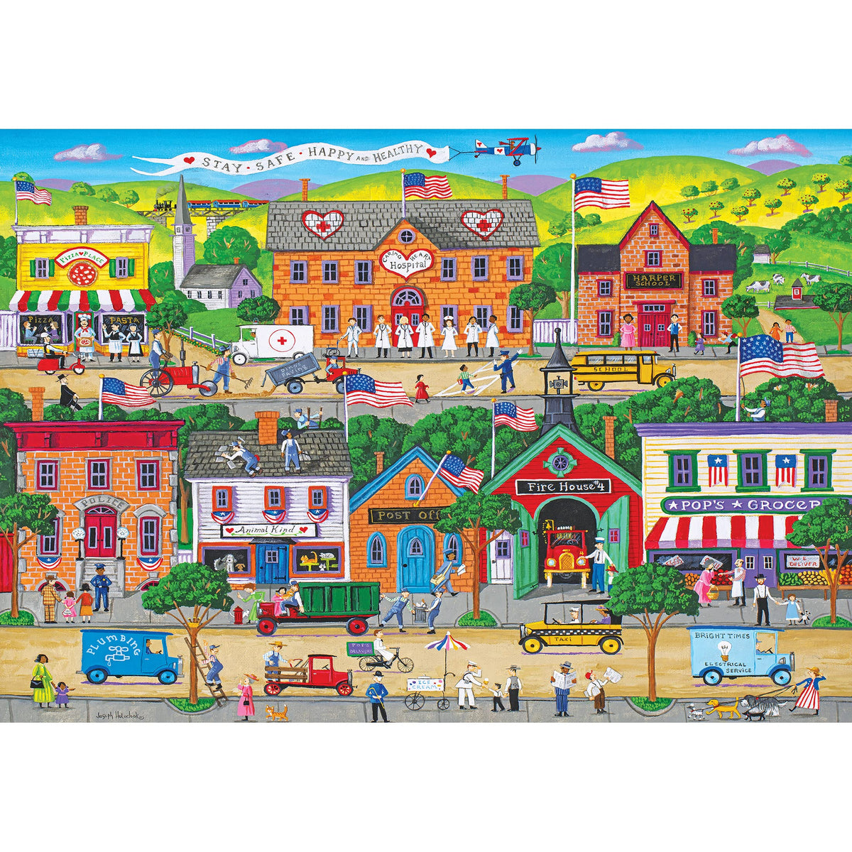RoseArt Kodak Premium Hometown Heroes puzzle cover with vibrant imagery for immersive play.