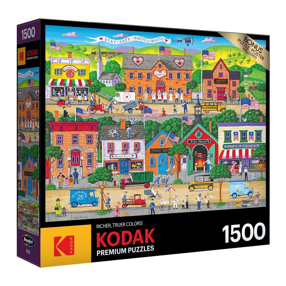 RoseArt Kodak Premium Hometown Heroes puzzle scene displays fine details for focused assembly.