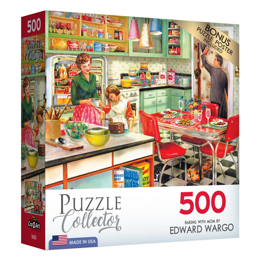 RoseArt Puzzle Collector mom and kids baking, encouraging cooperative play and shared reminiscence.
