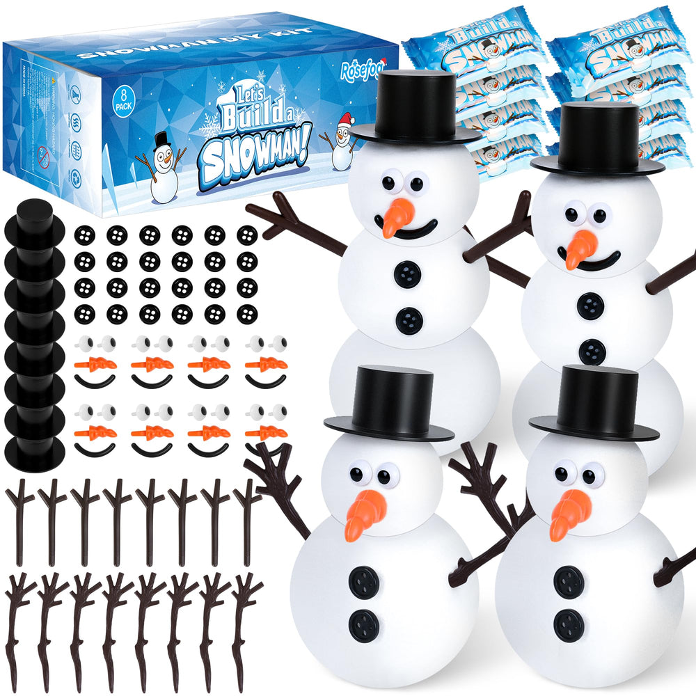 RoseFog 8-pack snowman kit contents for easy, mess-free holiday crafts.
