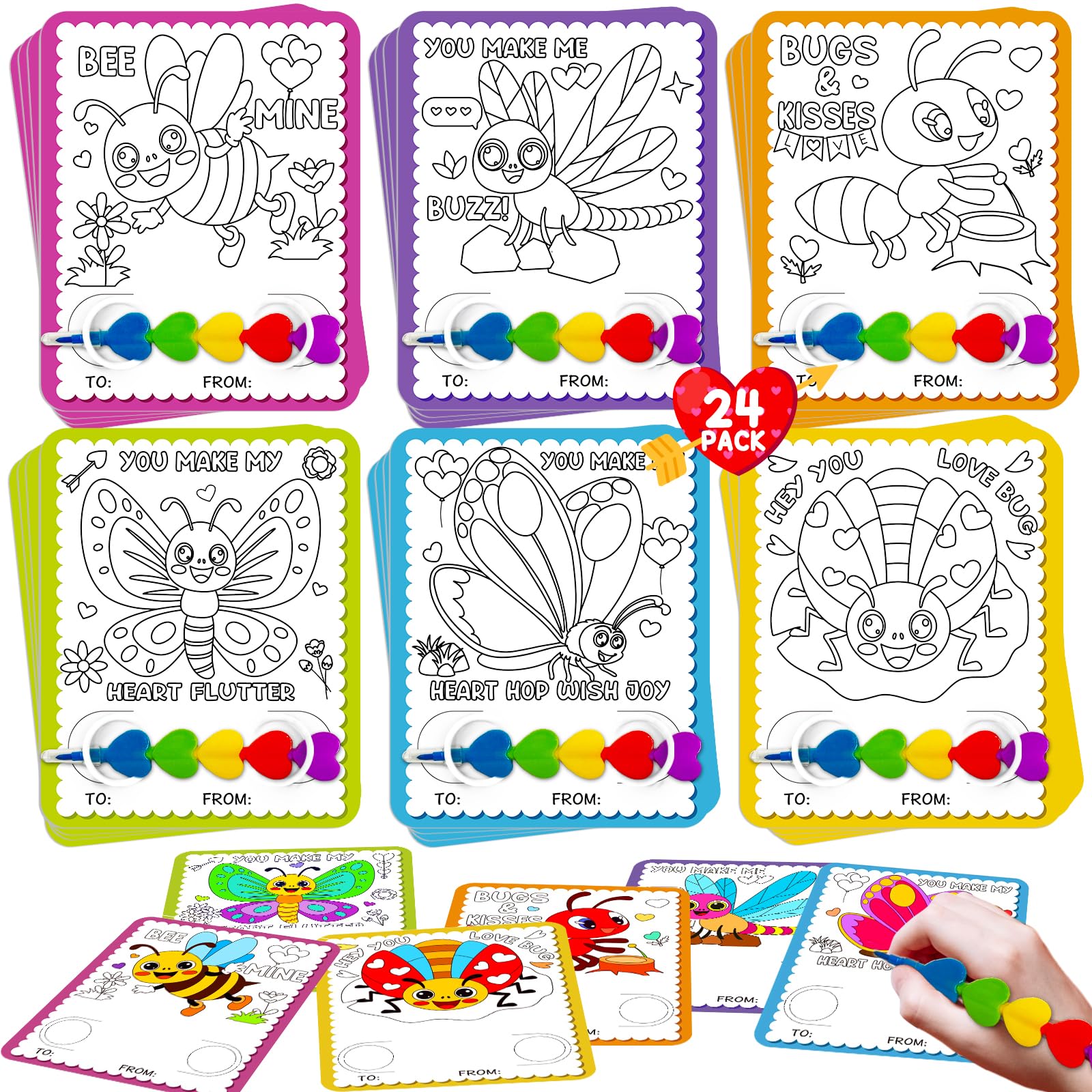 Rossorha Valentines insect coloring cards for kids to share with friends.