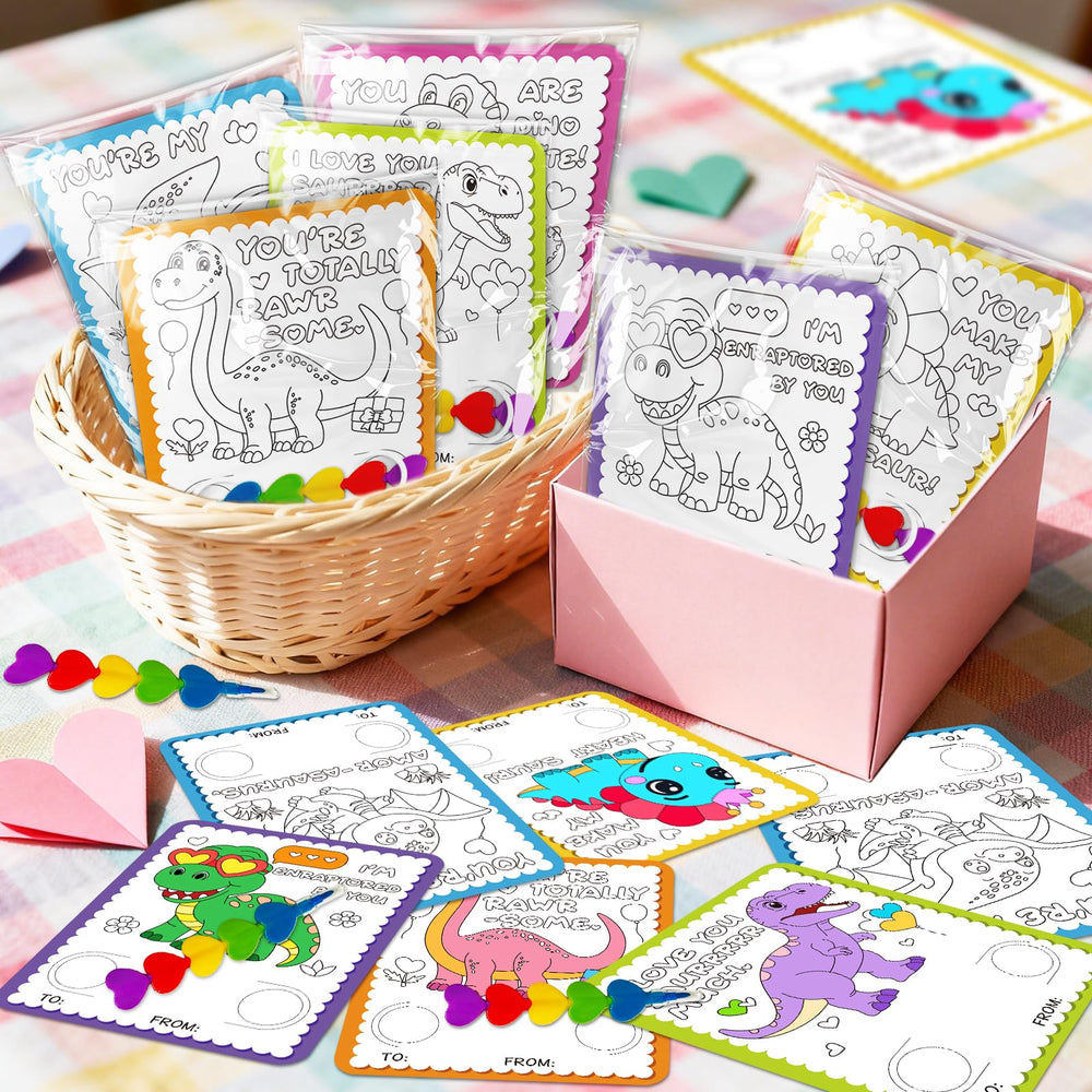 Rossorha valentines classroom cards feature dinosaur coloring for group exchanges.