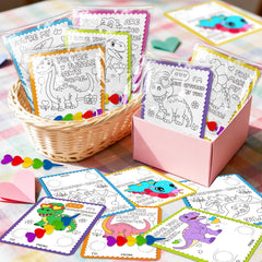 Rossorha valentines classroom cards feature dinosaur coloring for group exchanges.