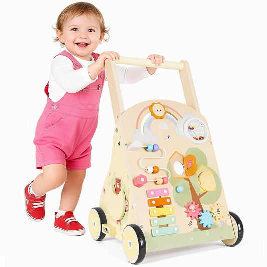 Rosynee wooden push walker front view shows sturdy build.