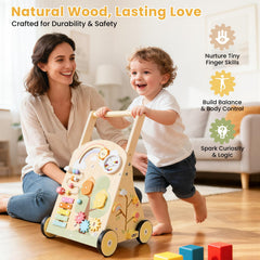Rosynee push walker side view with adjustable height feature.