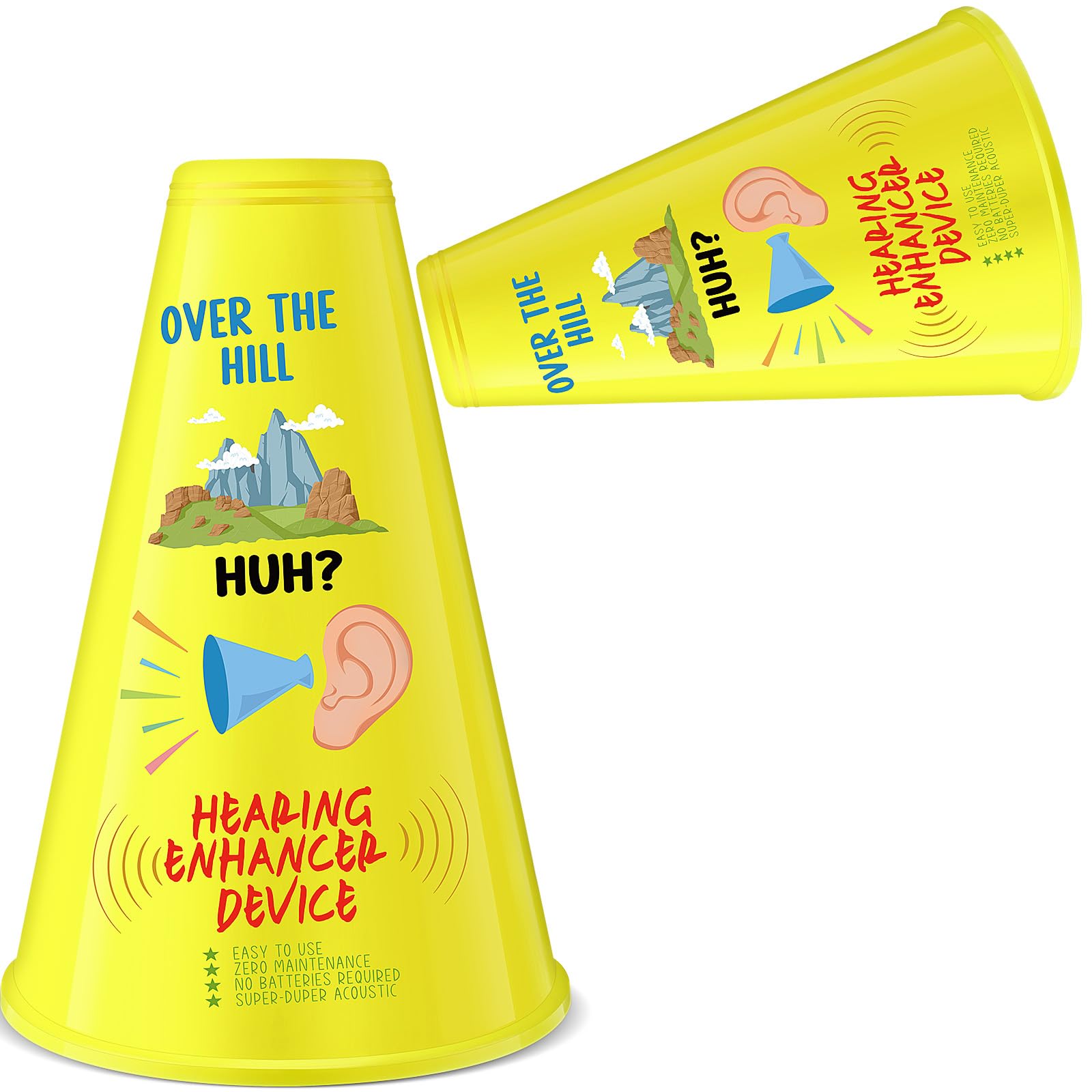 Rotatingpals Over the Hill Hearing Booster front view, bright yellow and black design for easy spotting