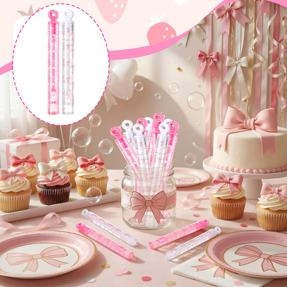 Rotatingpals pink bow bubble wands in outdoor party scene for outdoor fun.
