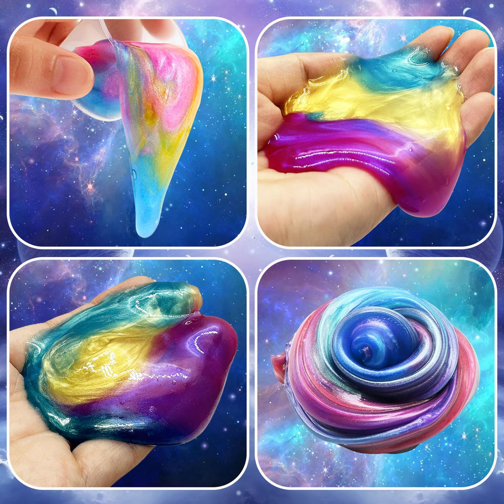 Roujiamo Galaxy Slime close-up reveals vibrant galaxy colors and shine.
