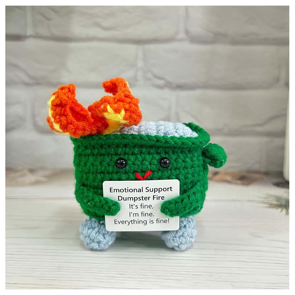RovyFota emotional support dumpster fire crochet on a desk for cozy encouragement.