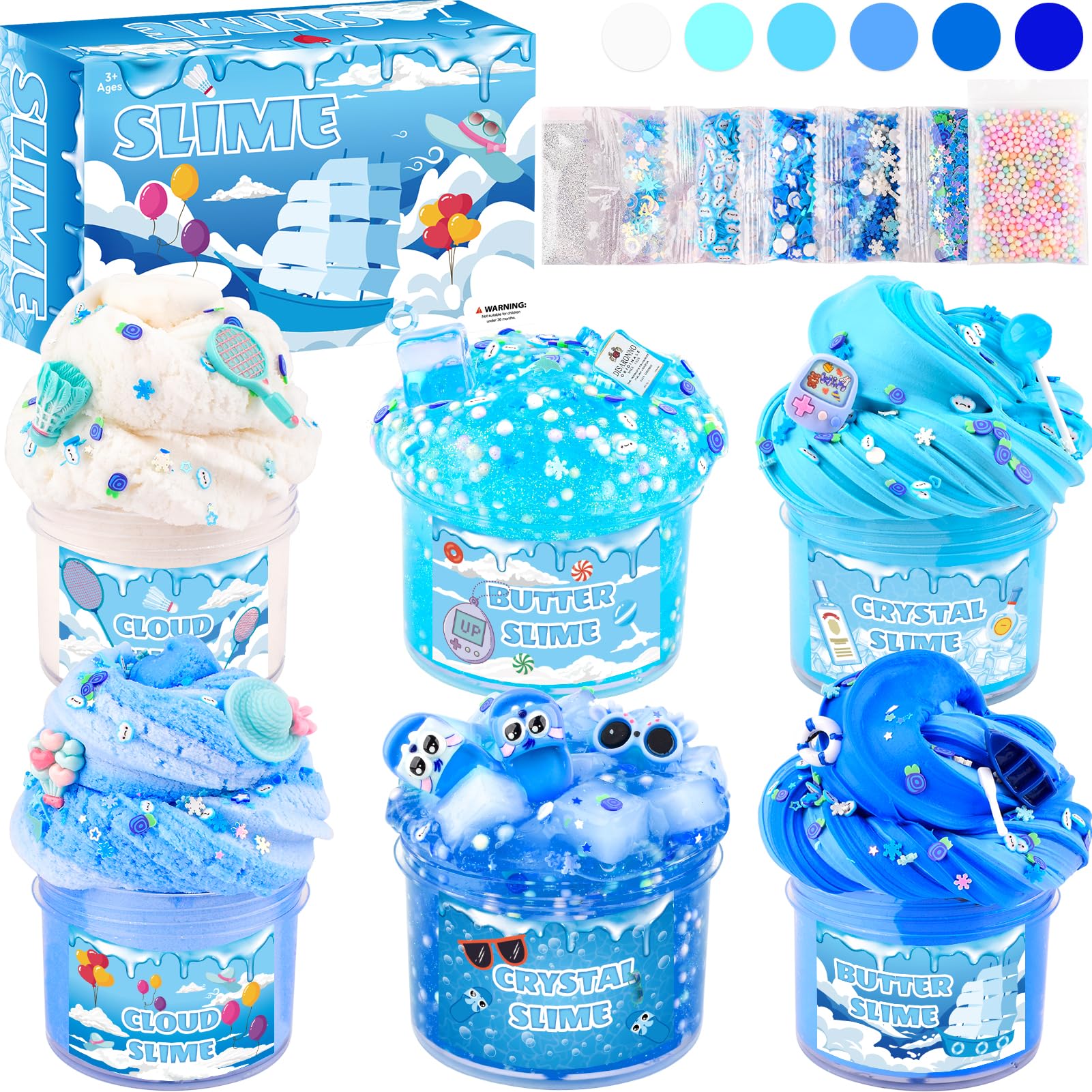Rowecvce 6-pack slimes kit featuring blue butter slime for tactile play