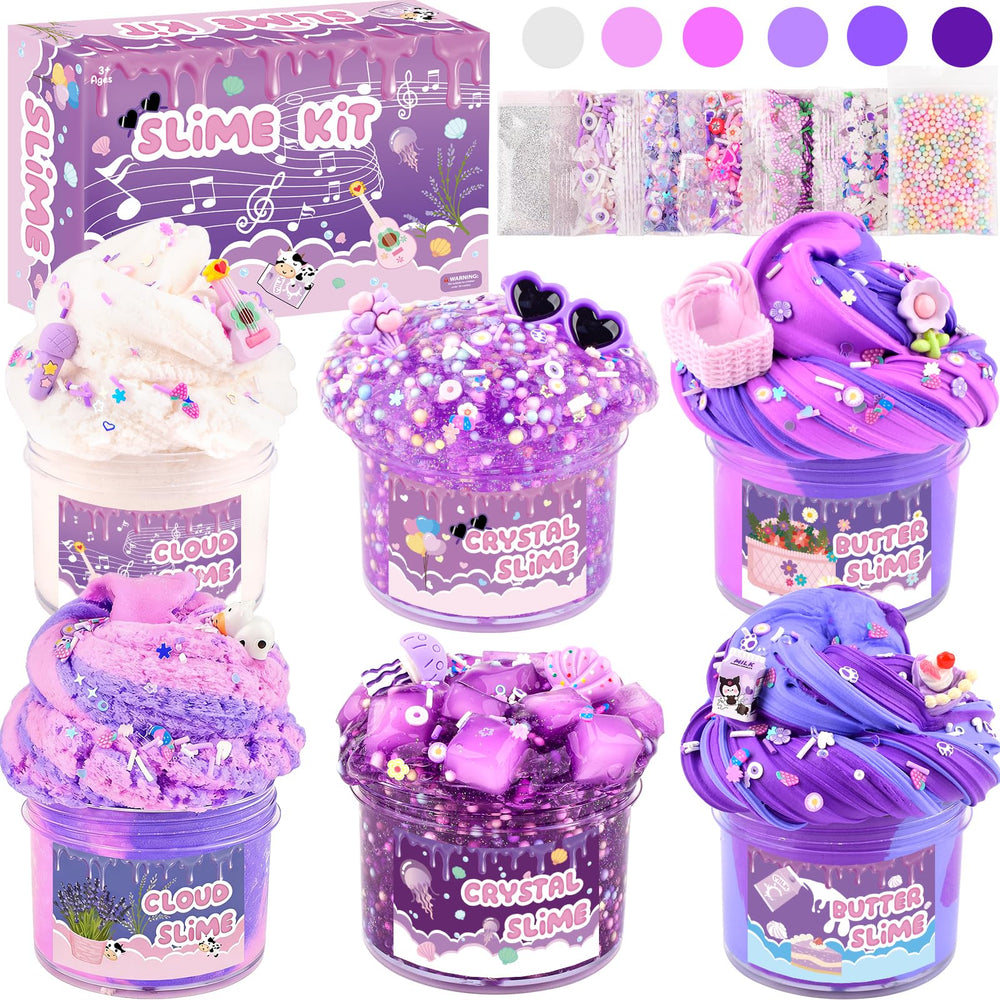 Rowecvce six-pack slime kit purple dream slime for imaginative sensory play.