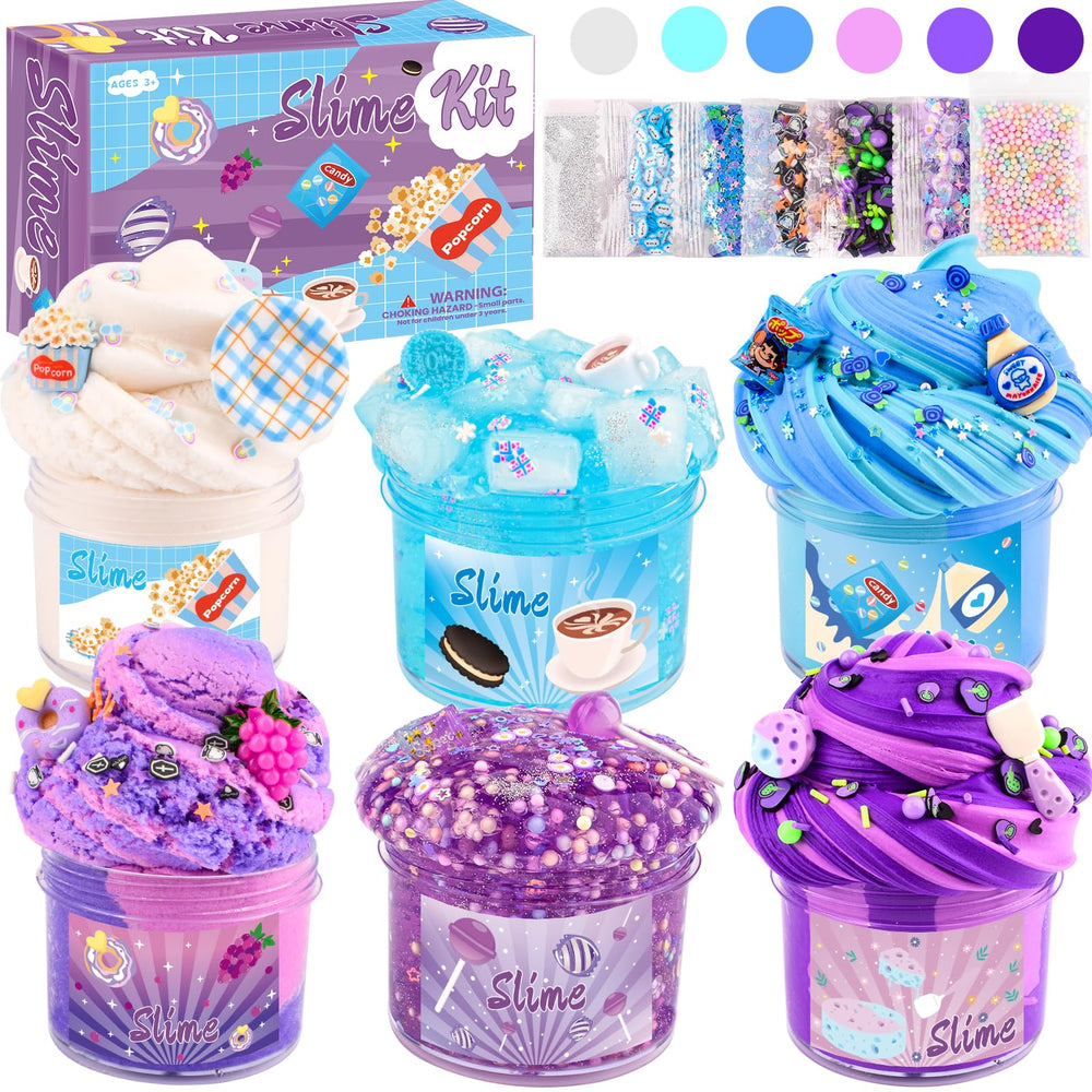 Rowecvce Snacks Slime Kit 6-pack lineup showing soft spreadable slimes for easy texture play.