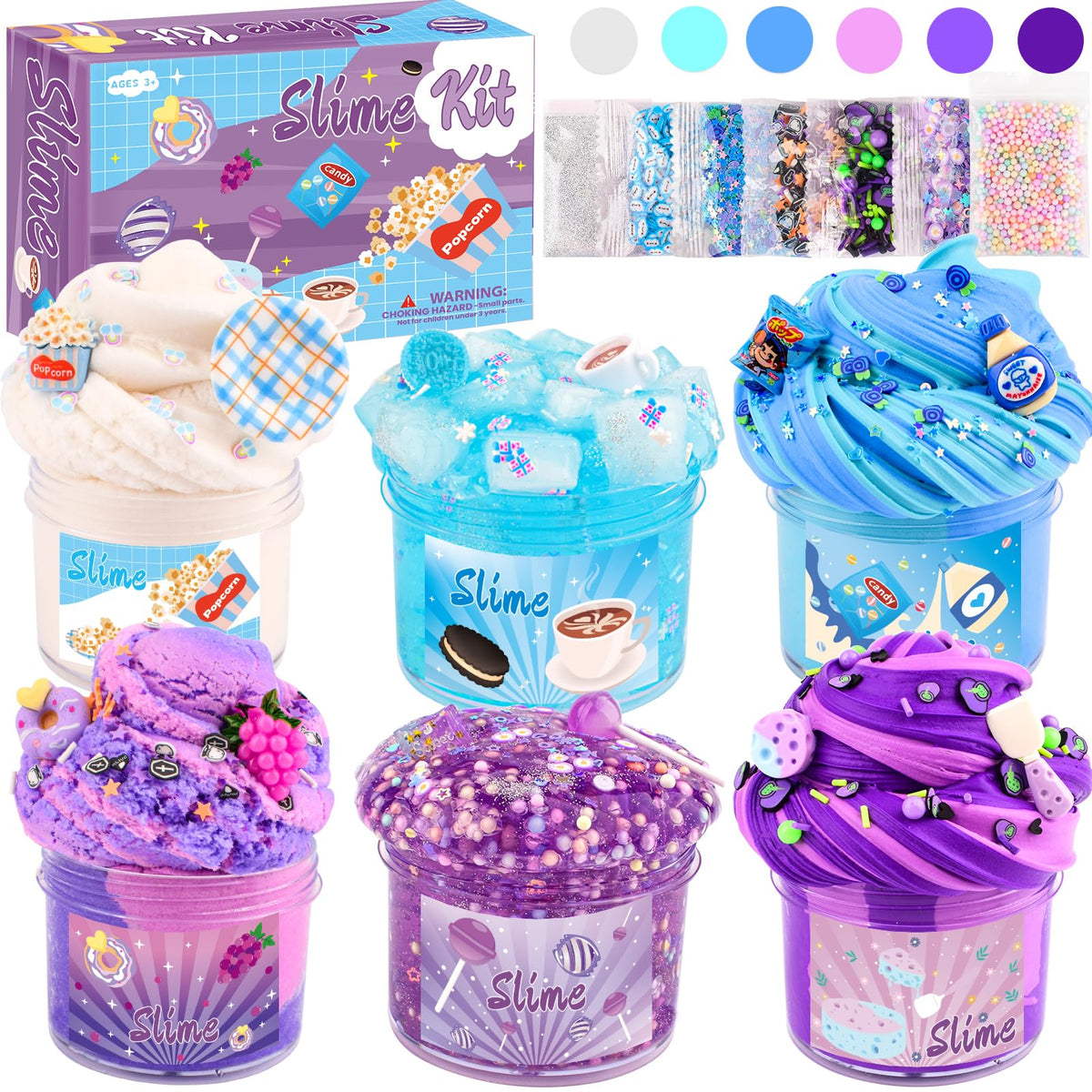 Rowecvce Snacks Slime Kit 6-pack lineup showing soft spreadable slimes for easy texture play.