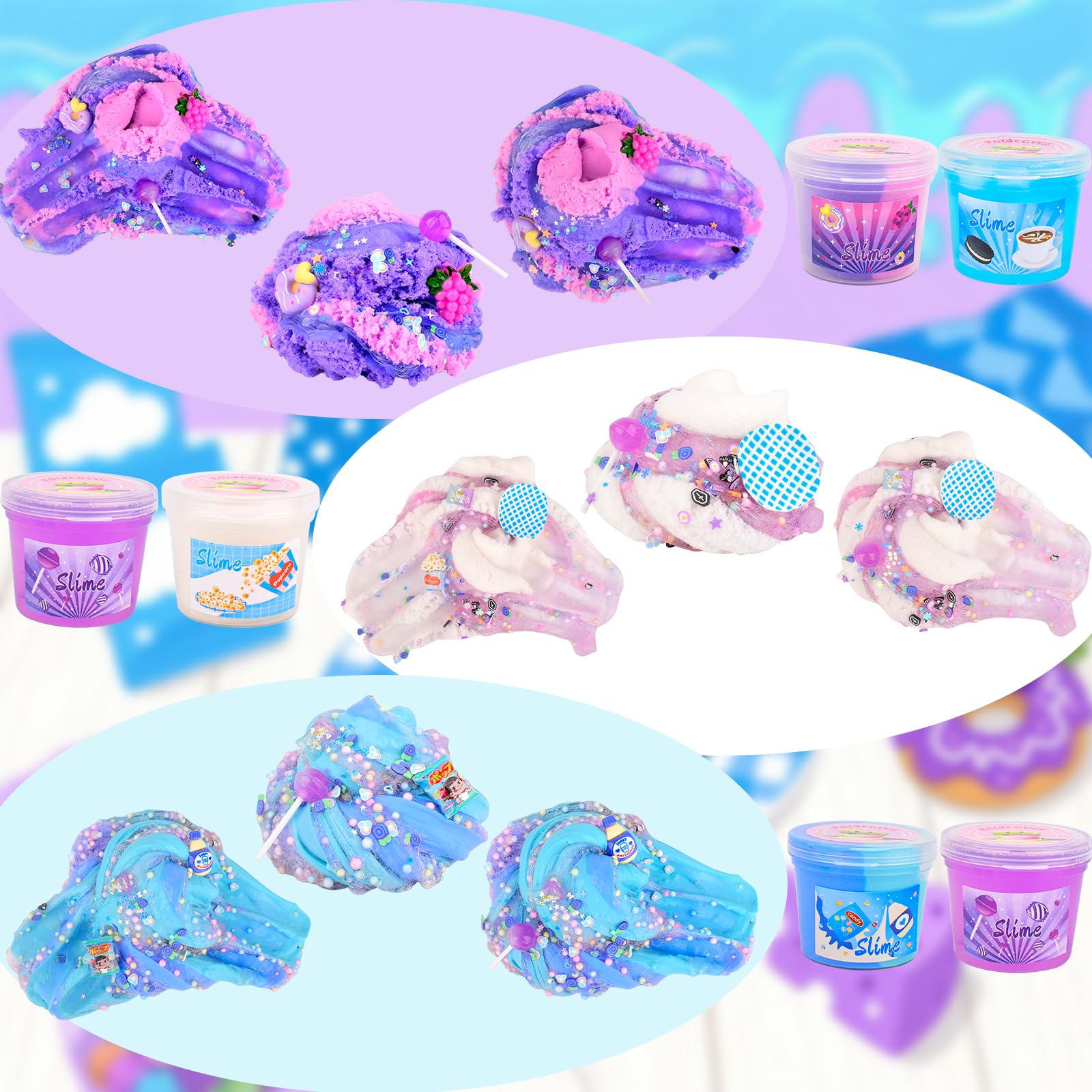 Rowecvce Snacks Slime Kit vibrant blue and purple colors attract kids to creative play.