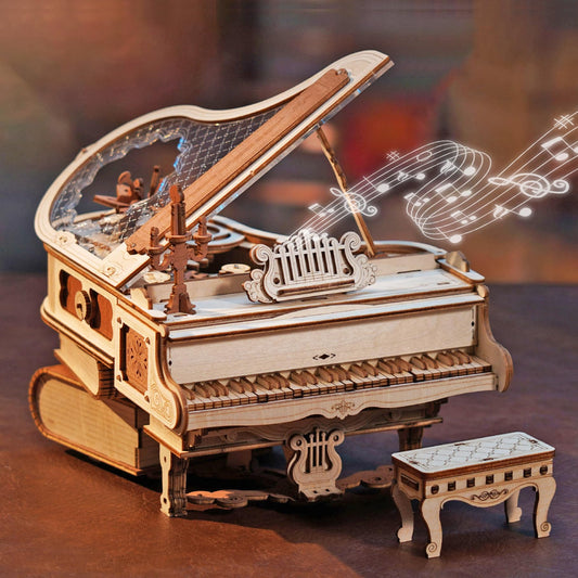 Rowood 3D puzzle piano assembly showing intricate gear work and craftsmanship