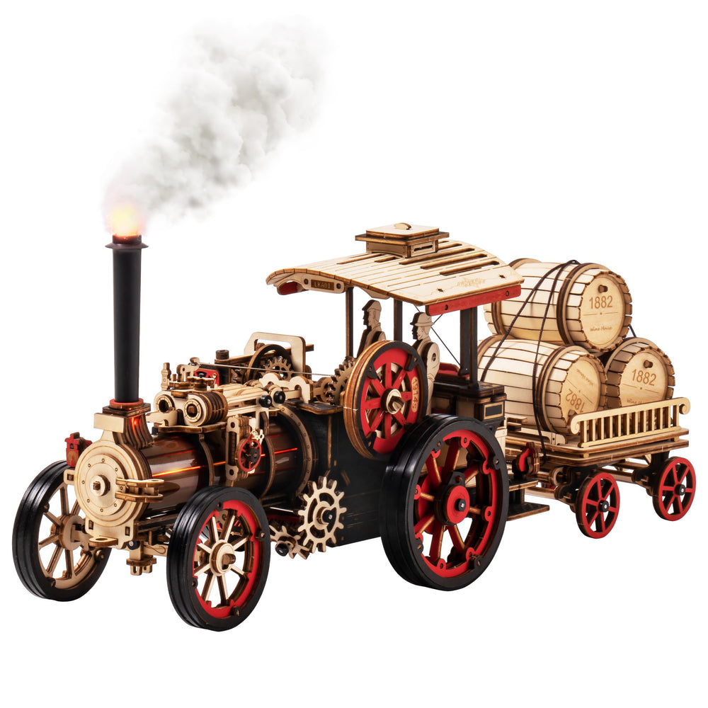 Rowood 3D puzzle steam locomotive front view for immersive historical modeling.