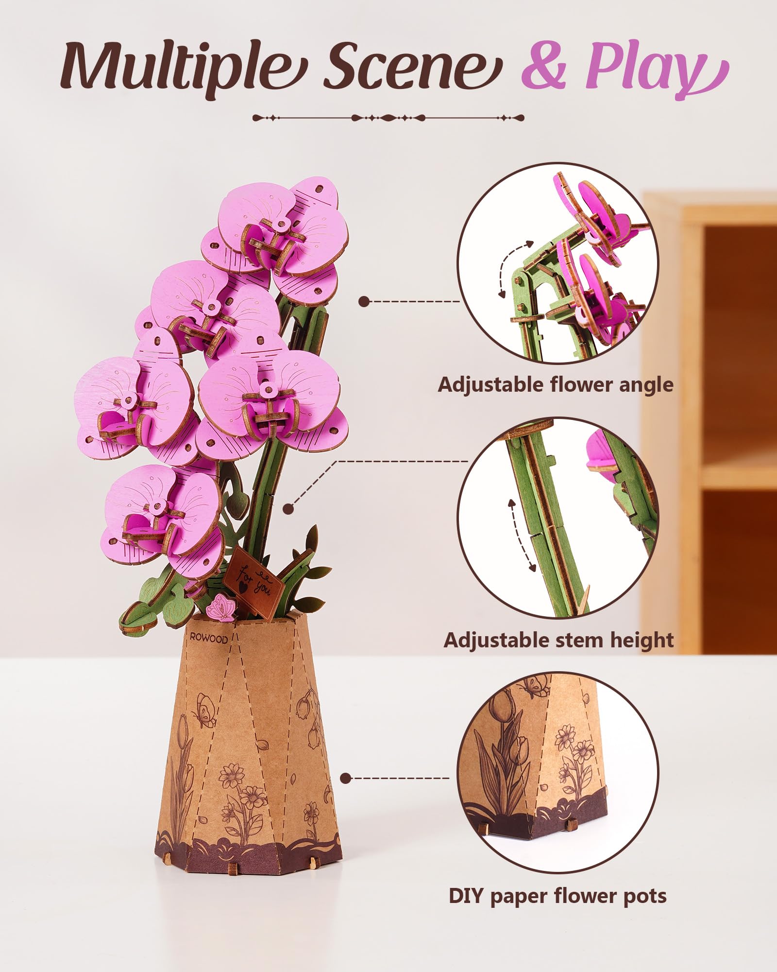Rowood adjustable stem wooden flower enables customizable bouquet heights.