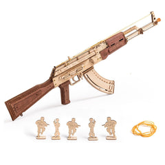 RoWood AK47 3D puzzle kit: detailed wooden parts for mindful, hands-on adult assembly.