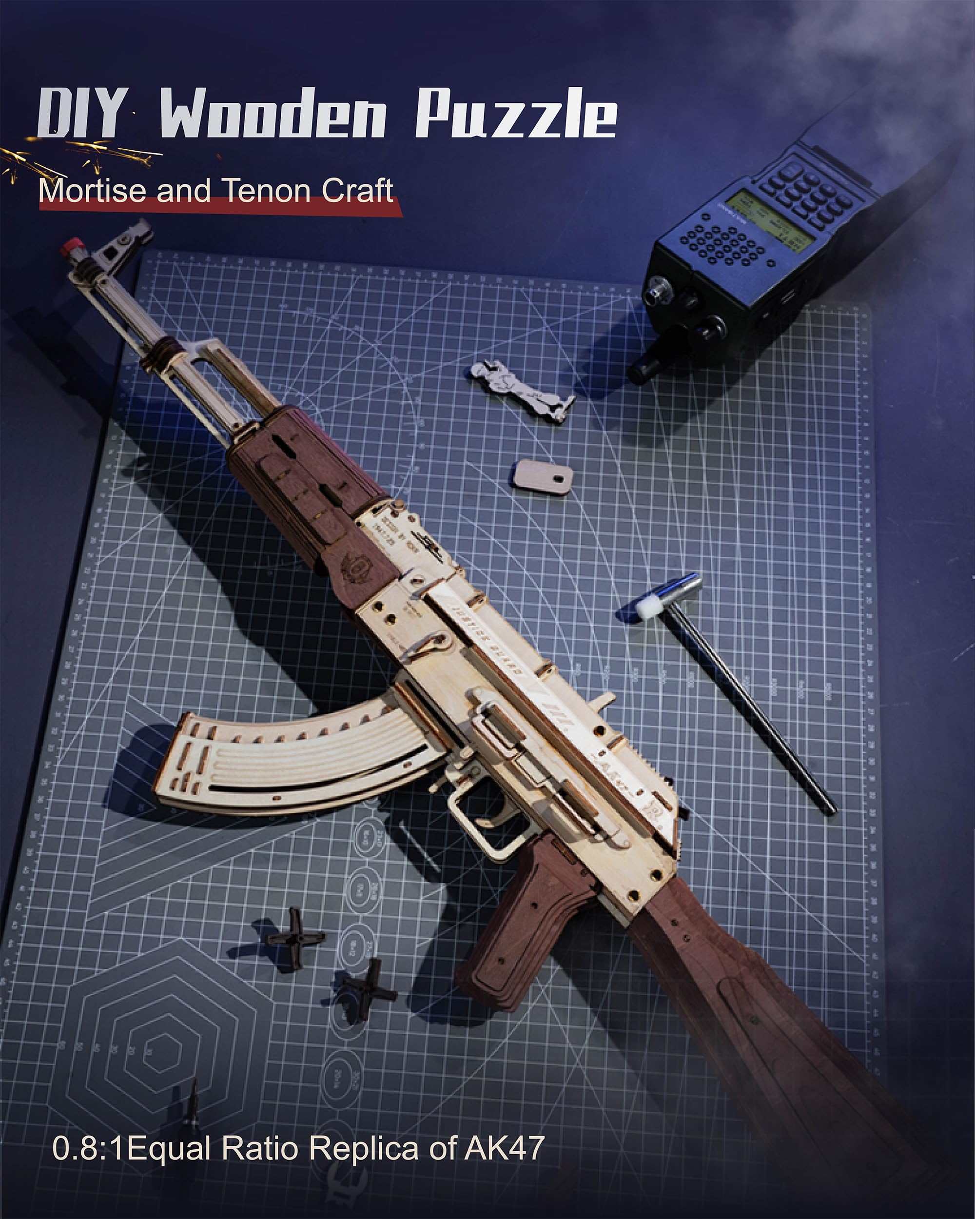 RoWood AK47 3D puzzle parts close-up showing precision-fit components for satisfying builds.