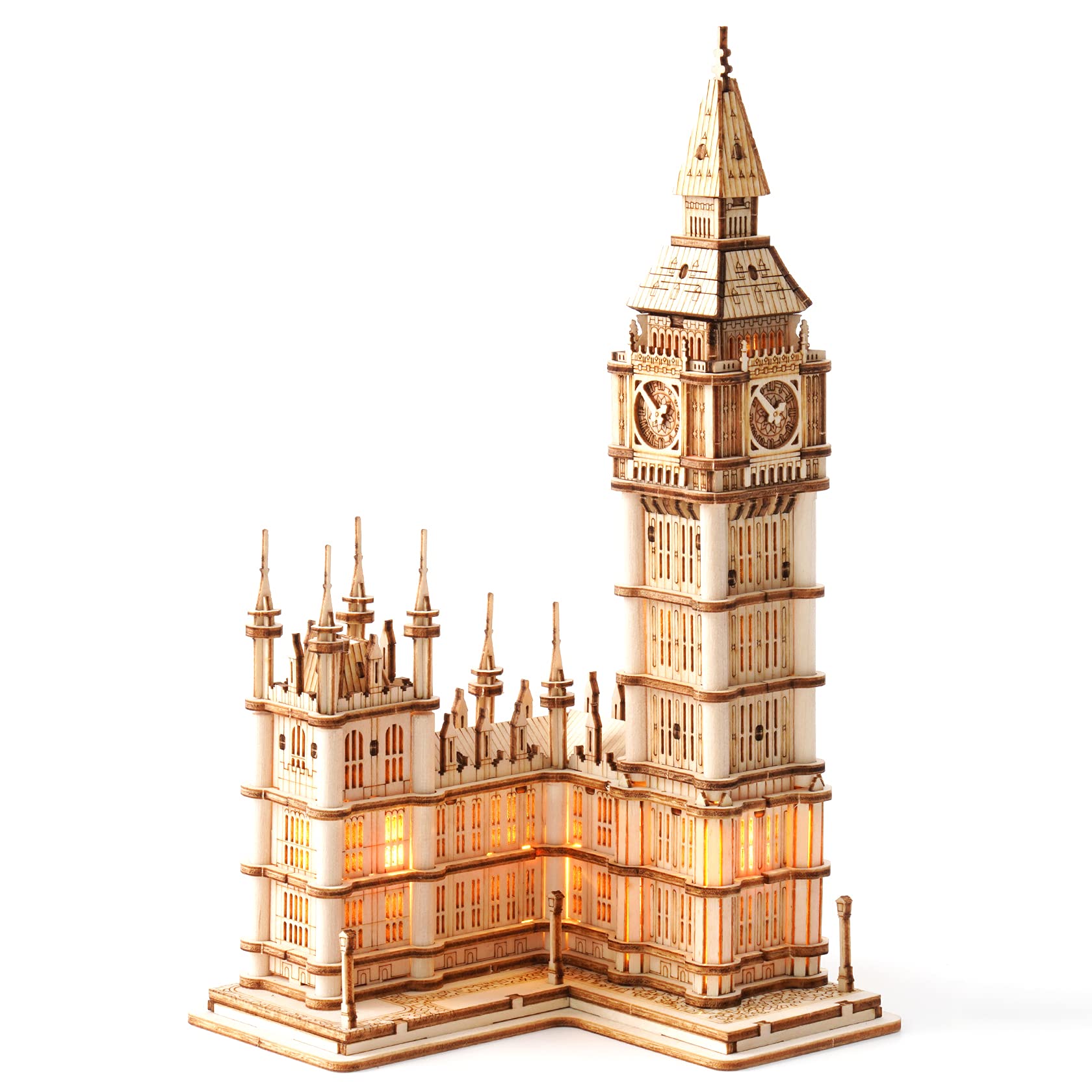 Rowood Big Ben puzzle front view showing detailed laser-cut parts for display