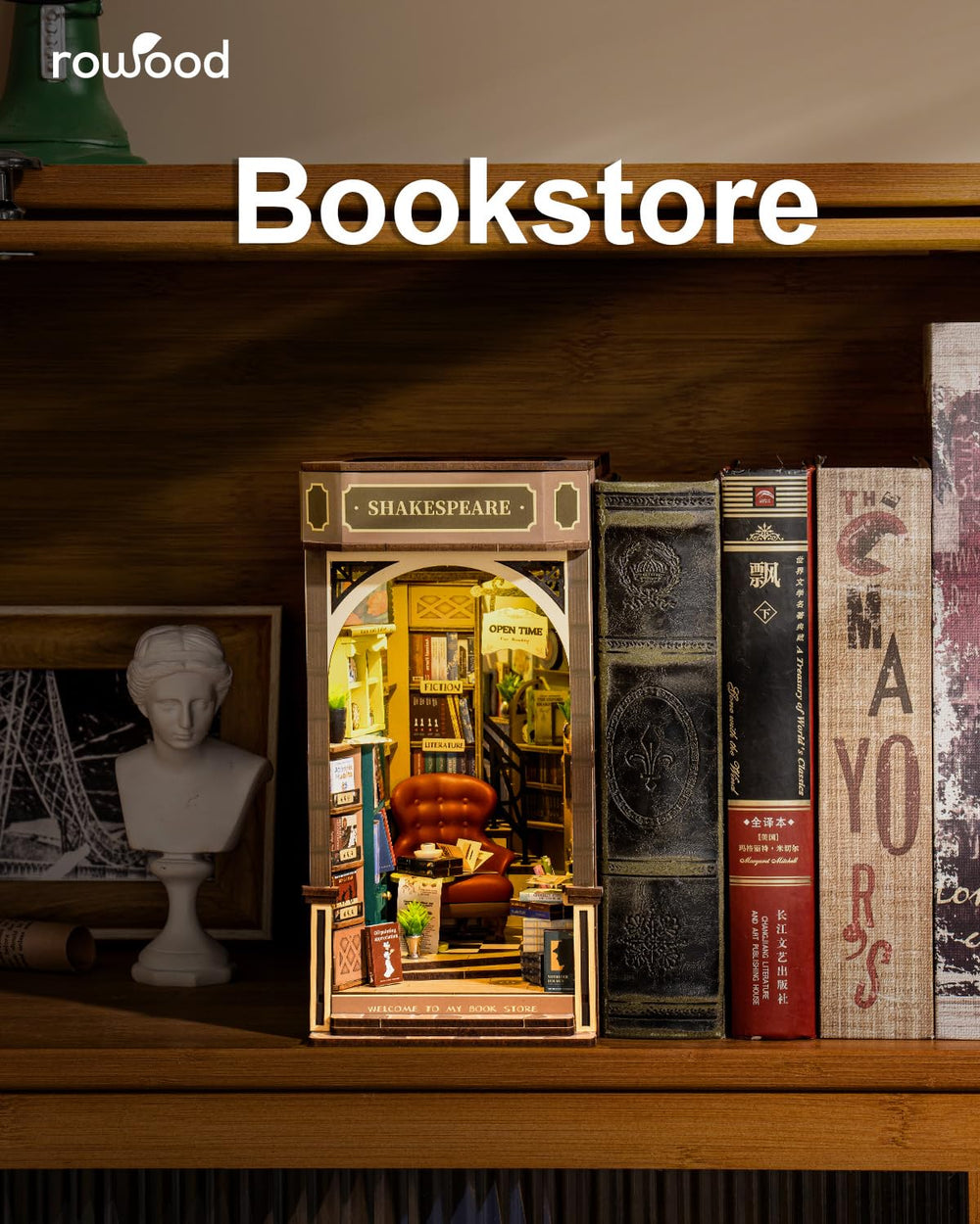 Rowood Book Nook touch-lighting adds warm ambience to scenes.