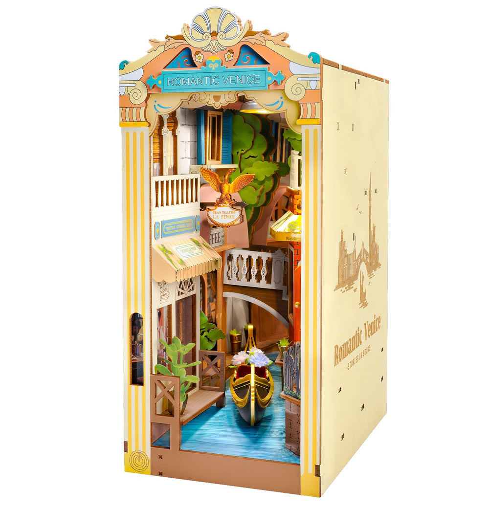 Rowood Book Nook Venice canal scene glows softly on a bookshelf