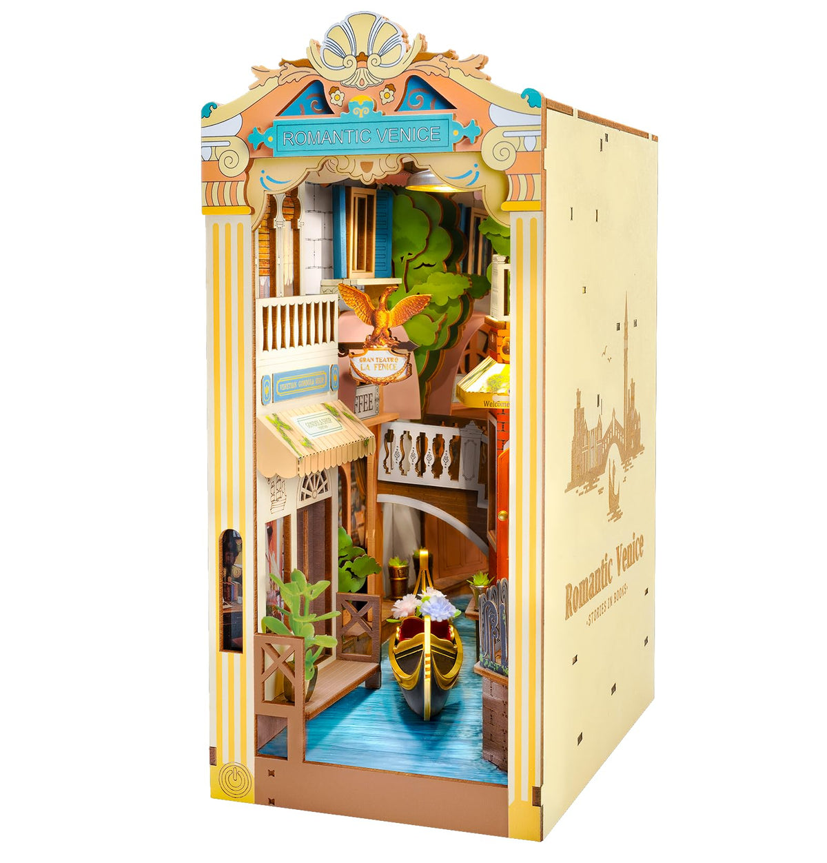 Rowood Book Nook Venice canal scene glows softly on a bookshelf