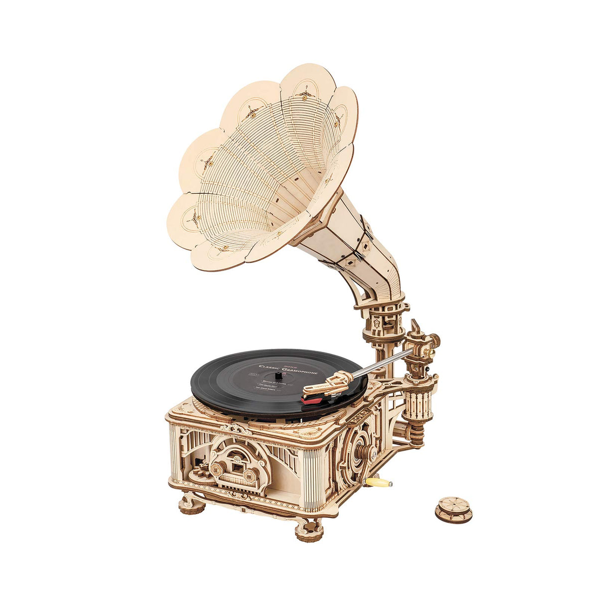 Rowood Gramophone puzzle parts show precise wooden pieces for a satisfying build.