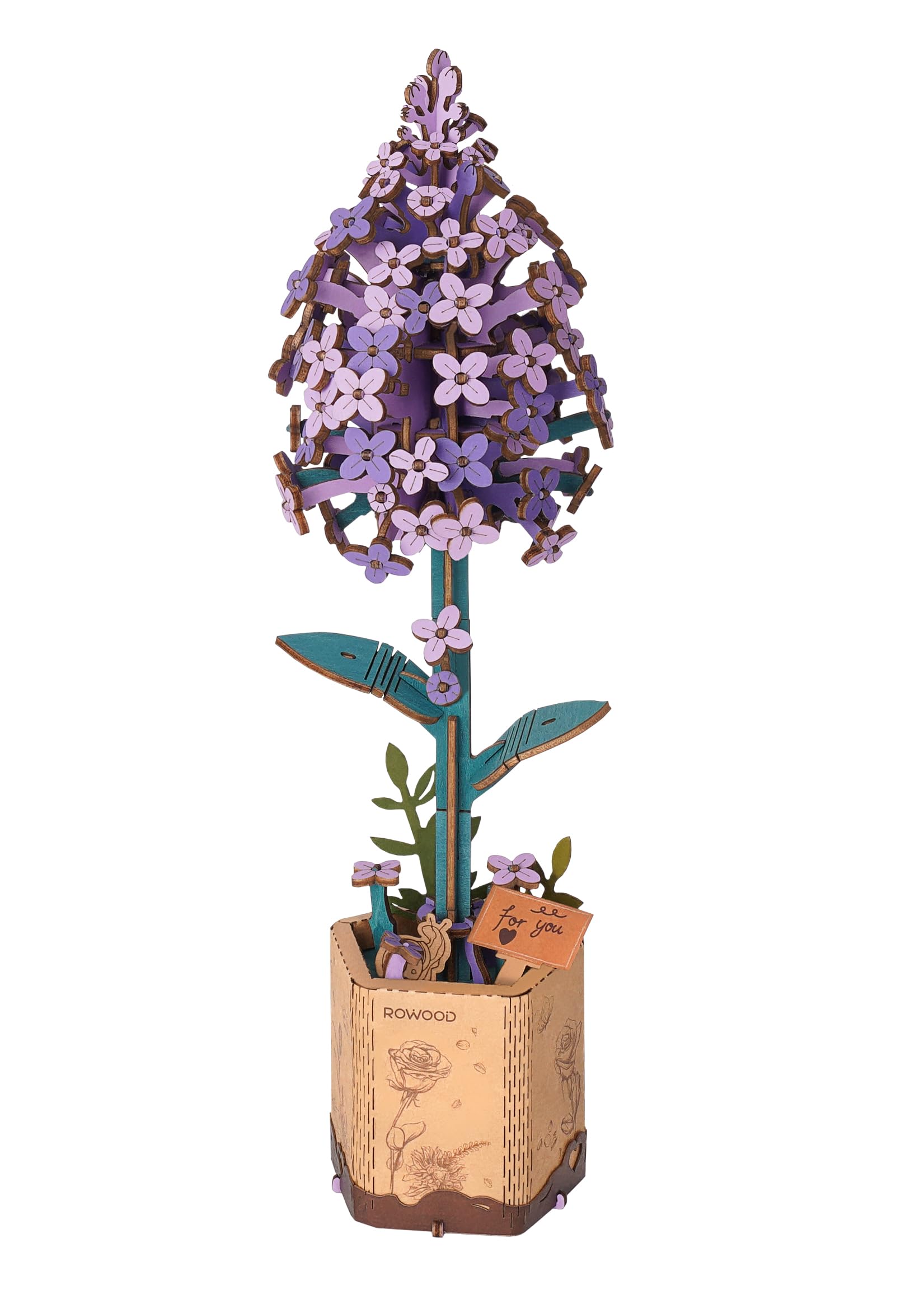Rowood Lilac 3D puzzle bloom on base for display and gifting.
