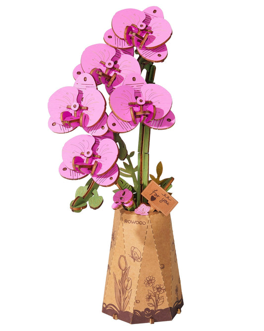 Rowood purple moth orchid wooden flower for durable, eye-catching home decor.