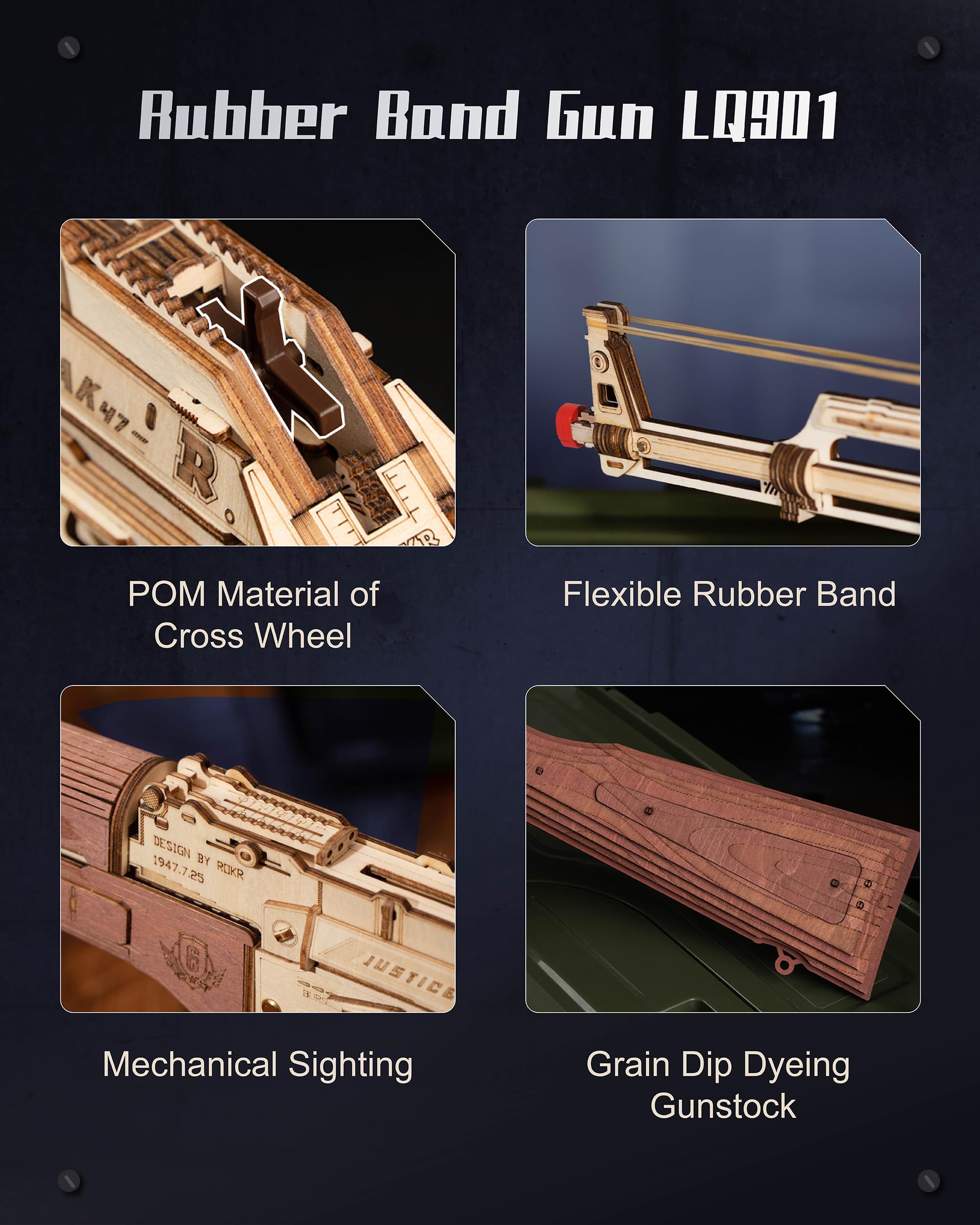 RoWood rubber-band launcher mechanism close-up highlights safe, interactive play.