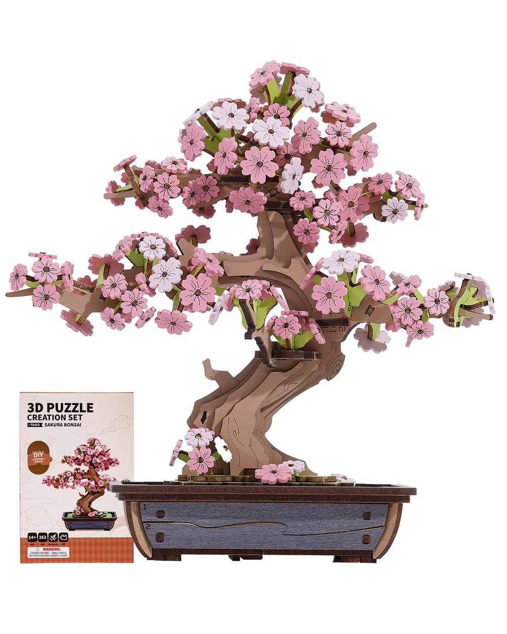 Rowood Sakura Bonsai 3D puzzle assembled as a serene desktop centerpiece.