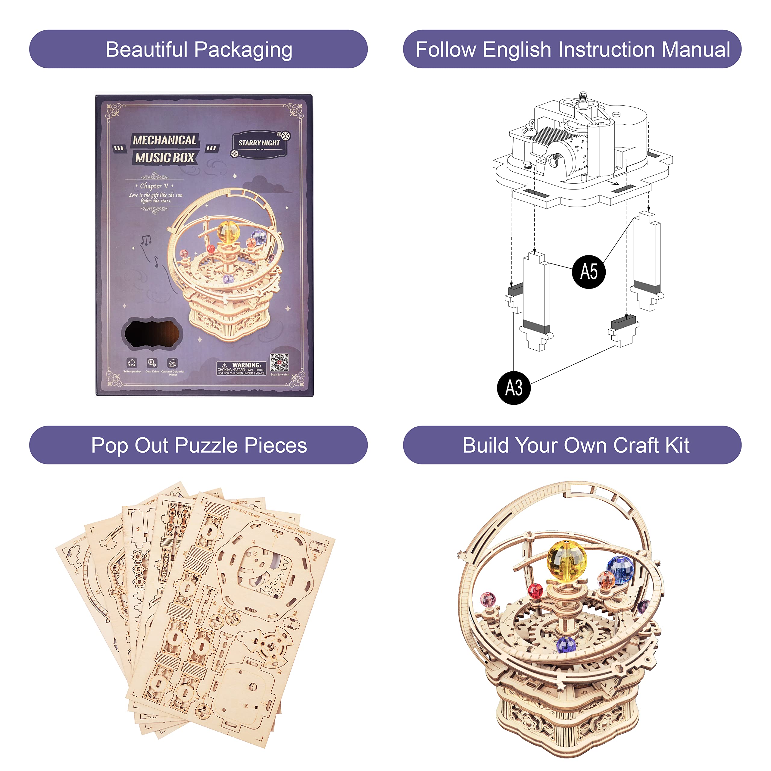 rowood Starry Night Music Box assembly instructions in English guide clear construction