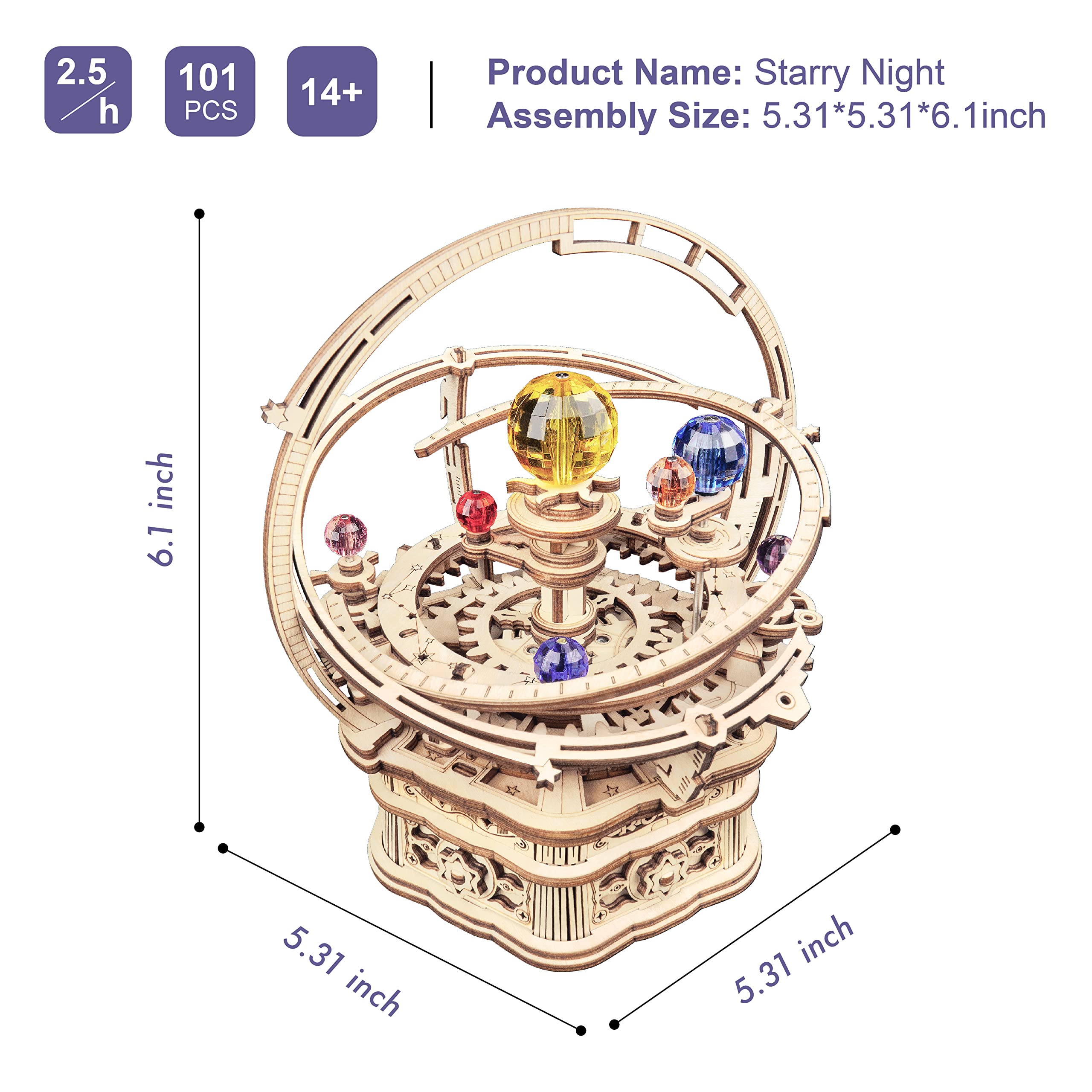 rowood Starry Night Music Box mechanism movement reveals a gentle melody during use