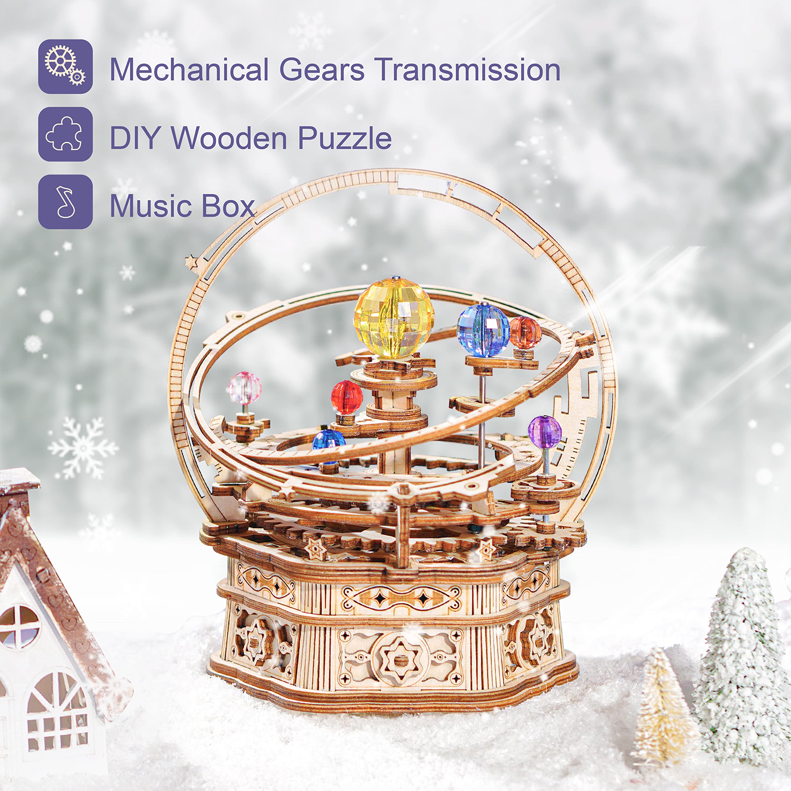 rowood Starry Night Music Box pieces kit shows 84 laser-cut parts for DIY assembly