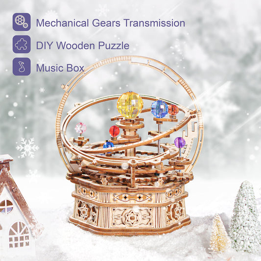 rowood Starry Night Music Box pieces kit shows 84 laser-cut parts for DIY assembly