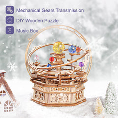 rowood Starry Night Music Box pieces kit shows 84 laser-cut parts for DIY assembly