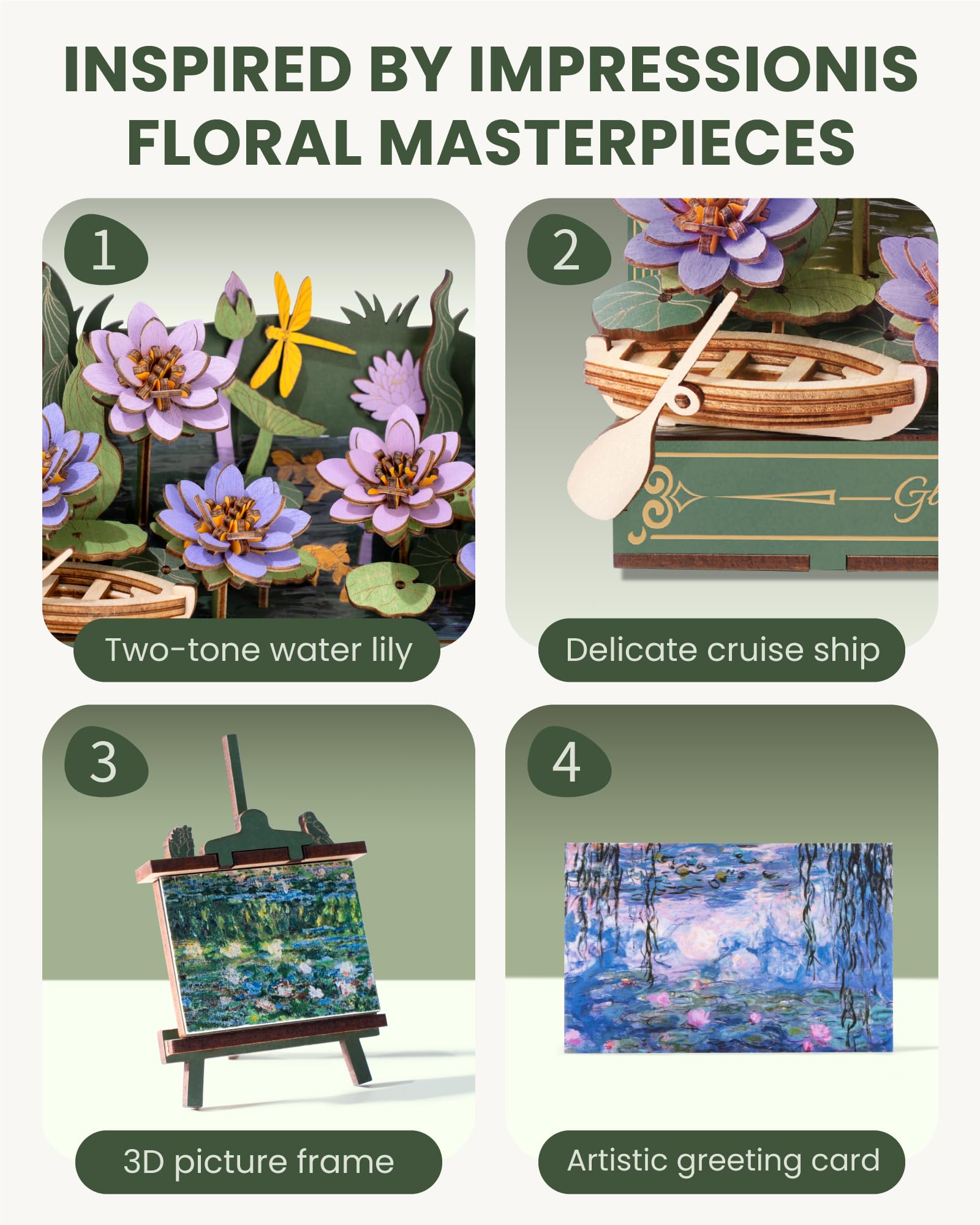 Rowood wooden puzzle assembly showcasing lily pads and blossoms for calming focus