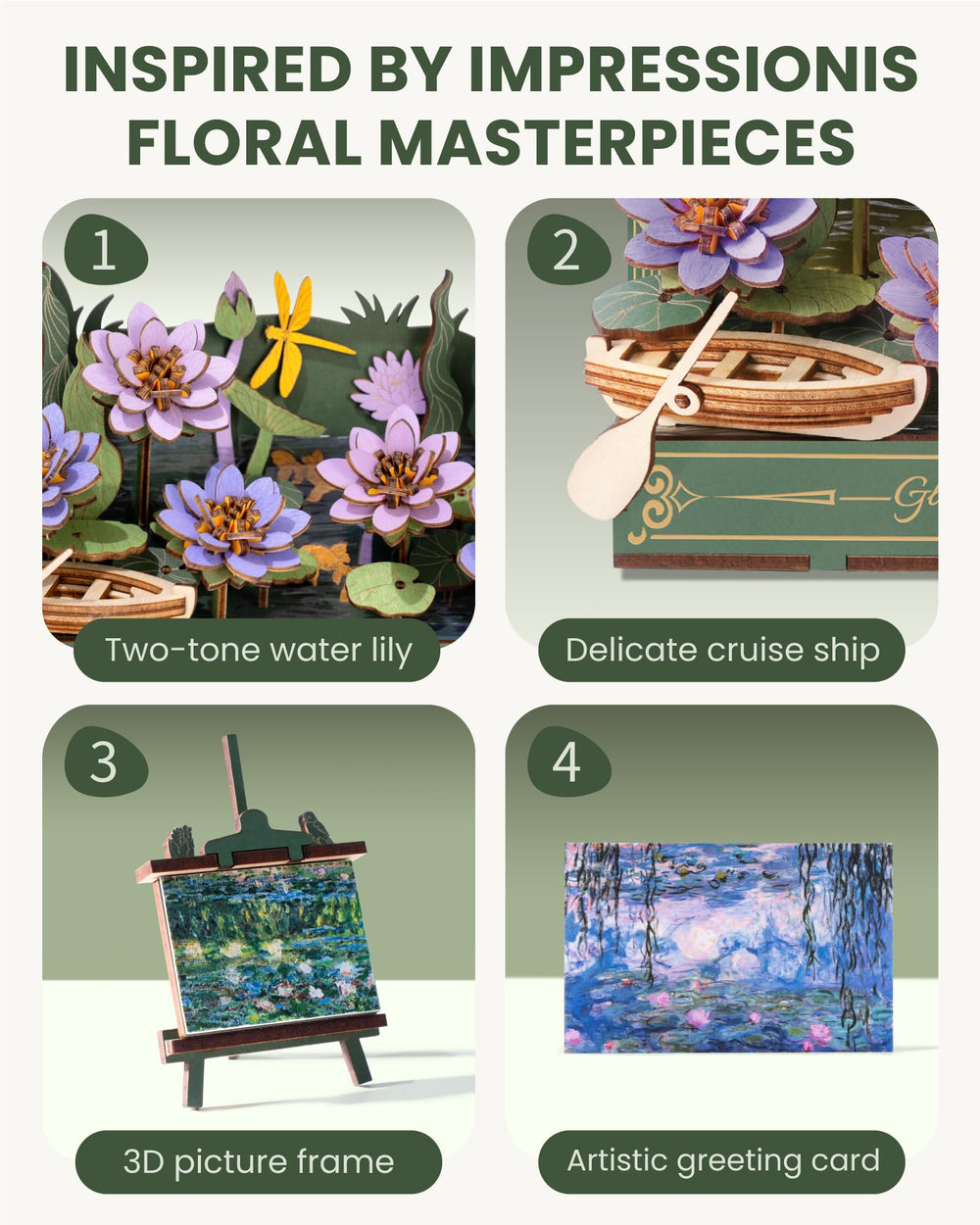 Rowood wooden puzzle assembly showcasing lily pads and blossoms for calming focus