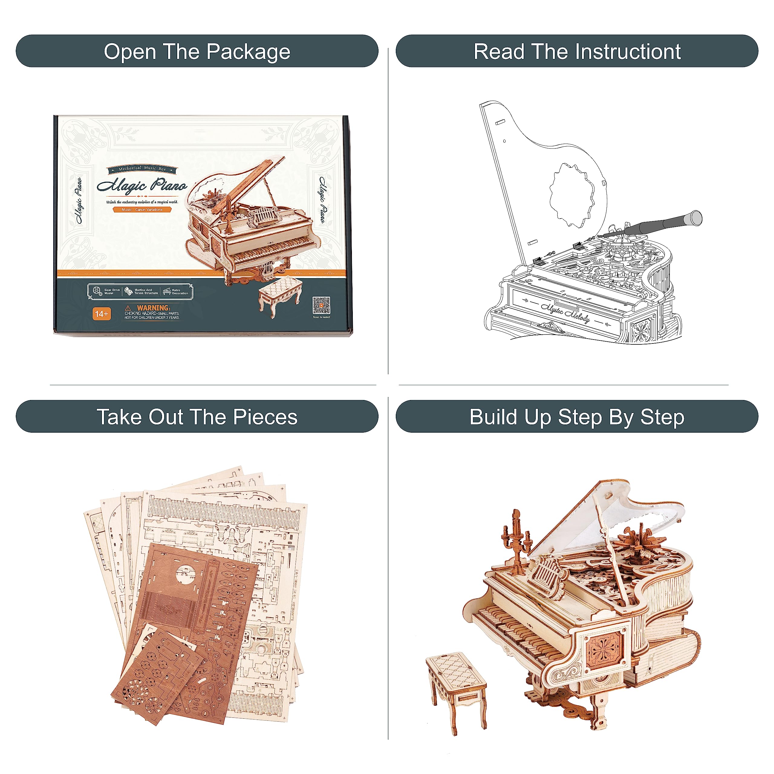 Rowood wooden puzzle pieces labeled for guided building process