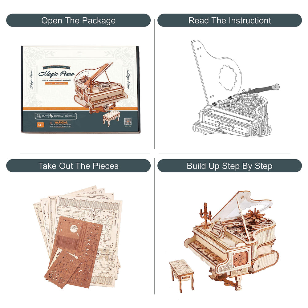 Rowood wooden puzzle pieces labeled for guided building process