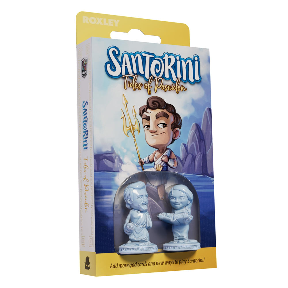 Roxley Games Santorini Tides of Poseidon expansion cover showing sea powers and new god cards for multiplayer strategy