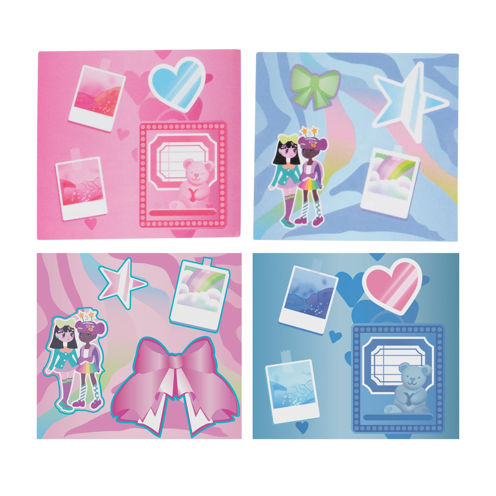 Dolls, backpacks, and stickers create a deluxe mini fashion scene.