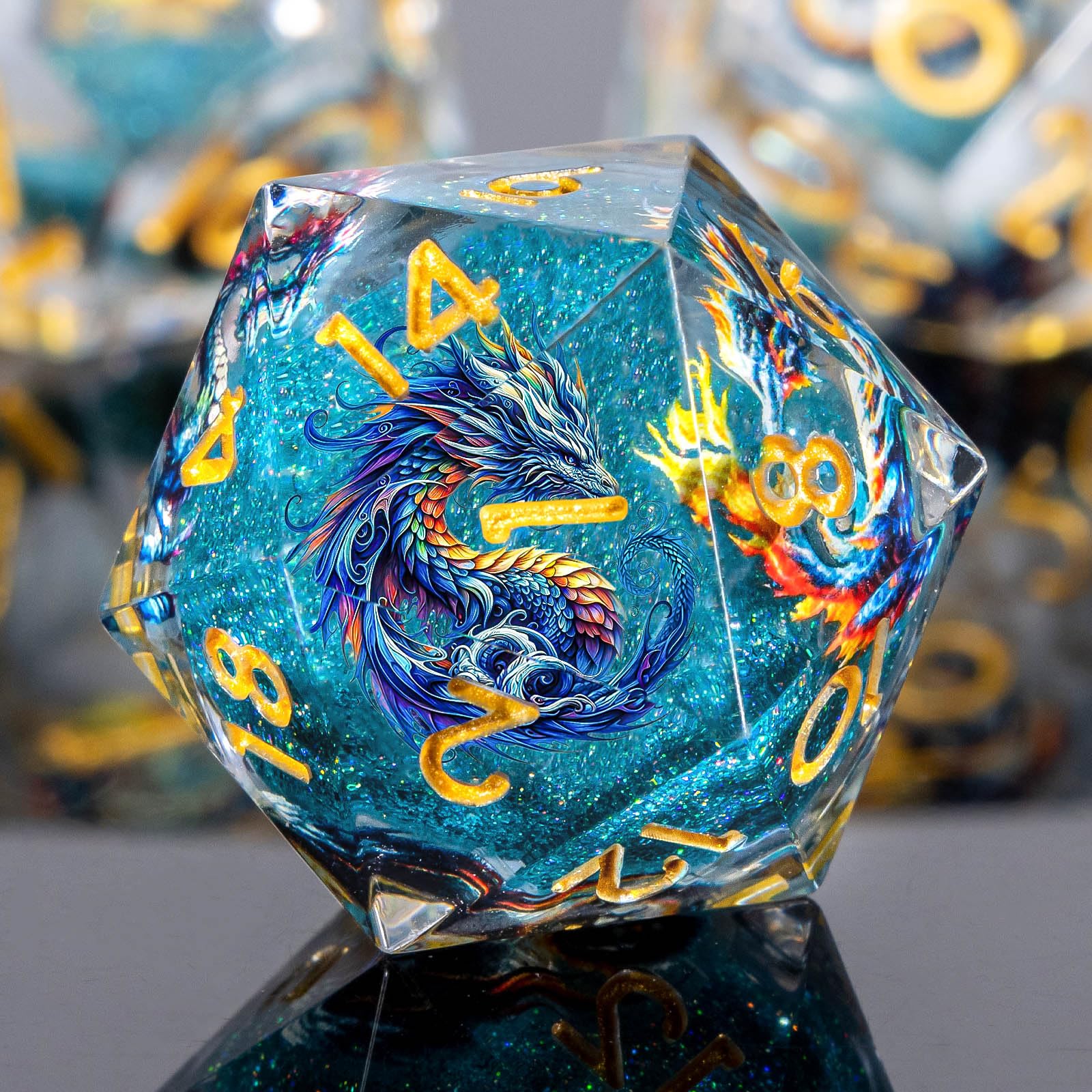 Roycevon dragon-pattern dice close-up showcases intricate resin detail for collectible appeal.
